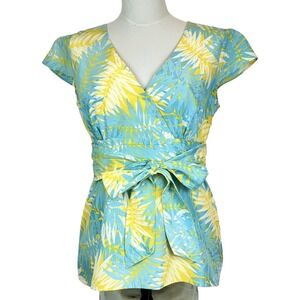 Lilly Pulitzer Silk / Cotton Faux Wrap Cap Sleeve Top.‎ Medium. Blue Yellow